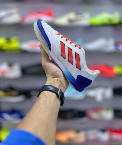 کفش فوتسال اورجینال آدیداس Top Sala Competition سفید آبی با سه خط نارنجی تولید ۲۰۲۵