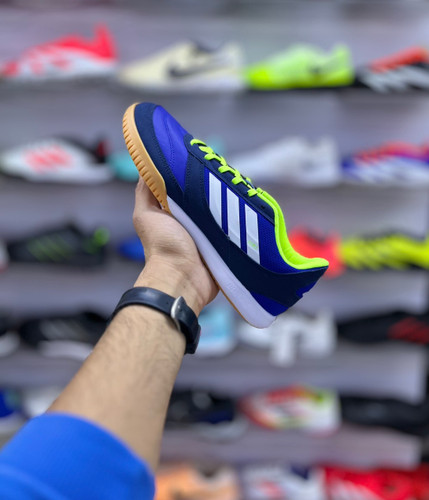 کفش فوتسال اورجینال آدیداس Top Sala Competition آبی سه خط سبز فسفری تولید ۲۰۲۵