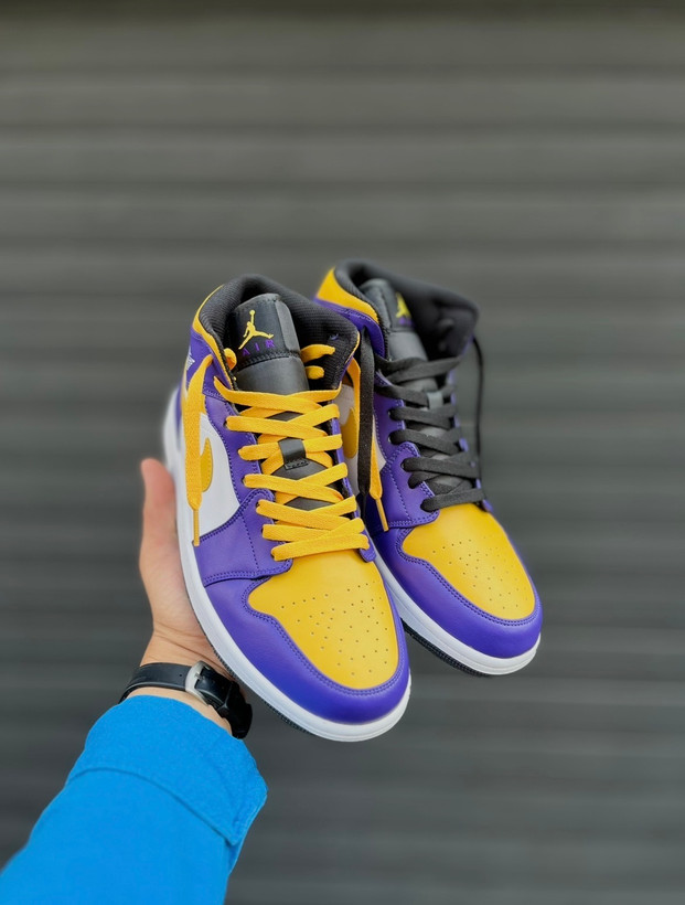 Air Jordan 1 Mid Lakers Purple White Yellow مناسب استایل اسپرت و خیابانی